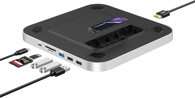Main image of Qwiizlab USB-C Hub with SSD Enclosure, Docking Station for Mac Studio Mac mini M2/M1/Intel, 4K HDMI, Type-C 10Gbps, Card Readers 104MB/s, Fits M.2 PCIe SATA and NVMe SSD (Silver)