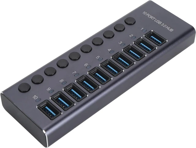 Main image of Luocute 10 Port USB 3.0 Hub, Aluminum Alloy USB Data Hub with 60W Power Adapter and Individual LED Switches, for Laptop PC Mac Smart TV Gaming Console (US Plug)