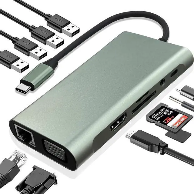 Main image of USB C Hub 11-in-1 Docking Station, Type-C Multiport Adapter with 4K HDMI, VGA, 100W PD, USB 3.0, RJ45 Ethernet, SD/TF Card Reader, AUX, Compatible with MacBook Pro/Air, Chromebook, Laptops