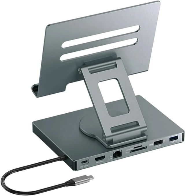 Main image of 1 Foldable Rotating USB C Dock Stand PD100W Charging Aluminum Alloy Cooling Gigabit Ethernet 3.5mm Slip-Proof Base USB C Adapter with Stand
