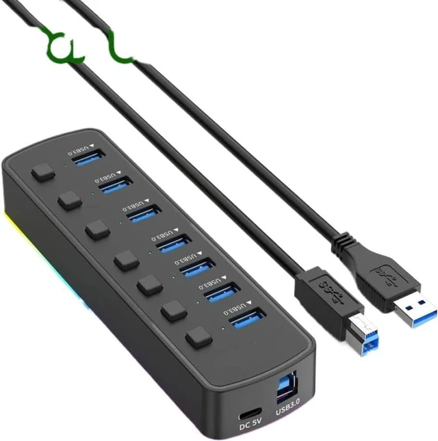 Main image of 7 Port RGB USB 3.0 Hub 5Gbps Data Port Adapter with Individual On Off Switch Splitter Compatible with Laptop PC Computer