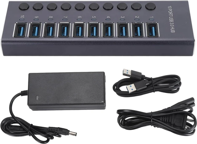 Main image of POCREATION USB 3.0 Hub, 10 Port Aluminum Alloy Data Hub with Individual LED Switches and 60W Power Adapter, for Laptop PC Game Console (US Plug)