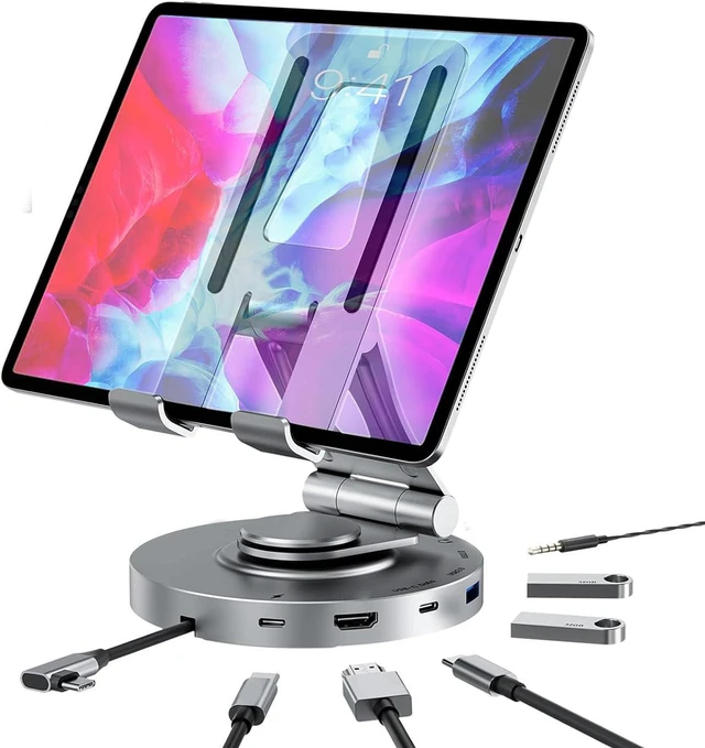 Main image of USB C Hub Stand, 11 in 1 360 Rotating USB C Docking Station with 4K60Hz HDMI, RJ45 Gigabit Ethernet, 3.5mm Aux, SD TF Card Reader, USB A,100W PD Charging for Tablet Phone