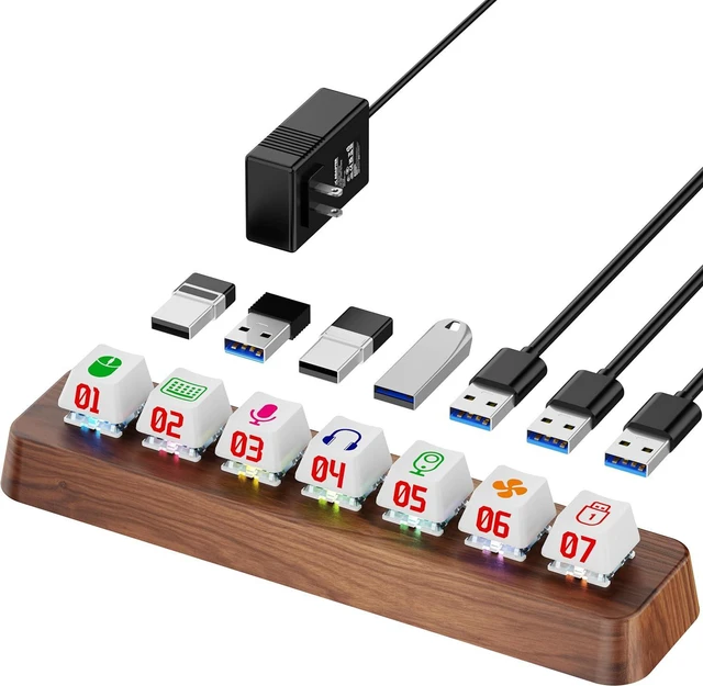 Main image of 7-Port USB 3.0 Powered Hub, RGB Lighting, Hot-Swappable Cherry MX Switch Support, 5Gbps Speed, Includes 12V/2A Power Adapter, Walnut Wood Cyberpunk USB Dock-FU0736
