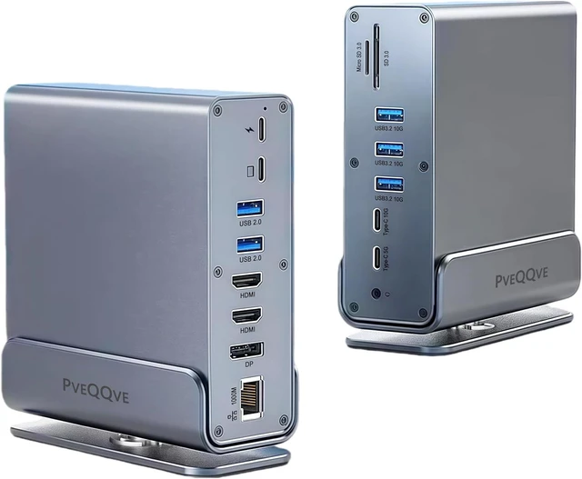 Main image of PveQQve 15-in-1 Vertical/Horizontal USB C Docking Station Triple Monitor 4K@60Hz DP, Dual 4K@60Hz HDMI, 10Gbps USB-A/C, SD/TF, 1Gbps Ethernet, Adapter Dock for MacBook, Windows Laptops