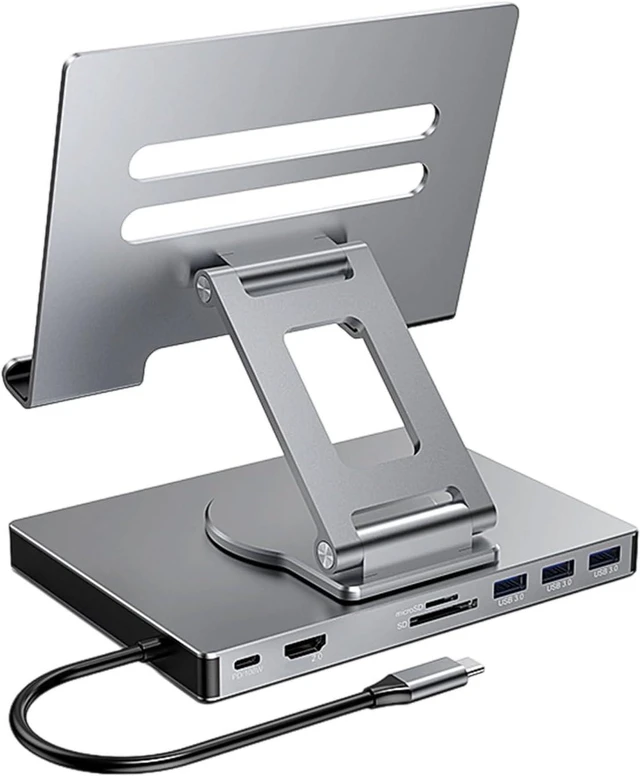 Main image of Rotating Type C Dock Stand for Tablets PD100WCharging Gigabit Networking Port 3.5mm Slip Proof Silicone PadCooling Design USB C Adapter with Stand