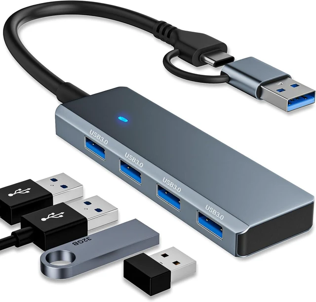 Main image of USB 3.0 Hub 4 Ports 5Gbps, Dual USB-A/C Aluminum Splitter, Ultra-Slim Multiport Expander Adapter for iPhone 16/15,MacBook, iPad, Laptop, PC, Desktop, HDD, Keyboard, Mouse, Xbox, PS5,Android