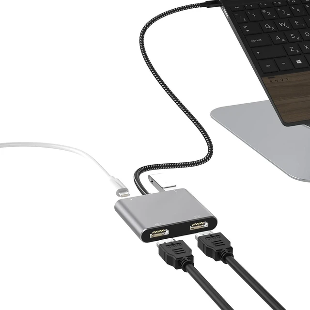 Main image of Fophmo USB C to Dual HDMI Adapter, 4K@60Hz with 100W PD, USB-A, Support C to 2 HD Splitter Extended Display for Type C Devices (MST is not Supported on MacOS) (Grey, 3 * 0.6 * 6.7in)