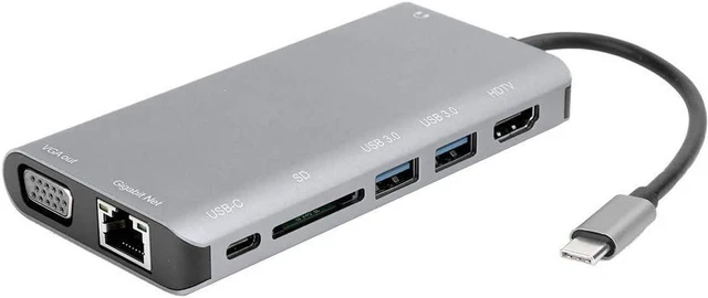 Main image of Type C Docking Station 8 in 1 Hub, USB3.0 x 2, VGA Audio Port, Gigabit Ethernet, PD Charging Port, Gray, for Notebook Accessories