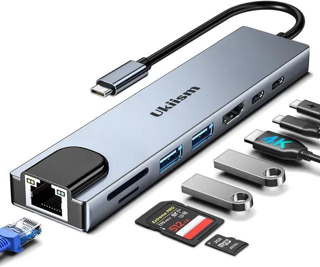 Main image of USB C Hub Ethernet HDMI Adapter, 8 in 1 Docking Station with 4K HDMI, RJ45 Ethernet, SD/TF Card Reader, USB 3.0/2.0, PD 100W, LAN USB-C Dongle for MacBook Pro/Air, iPad Pro, XPS, etc