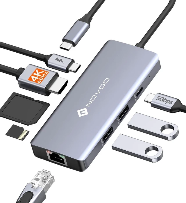 Main image of NOVOO USB C Hub 4K@60Hz HDMI Gigabit Ethernet 8-in-1 USB C Adapter Multiport with HDMI,PD 100W,2 USB-A, 1 USB-C Dataport,SD&TF Docking Station for iPhone 15,MacBook Air/Pro M2, Dell, XPS 15,HP, Lenovo