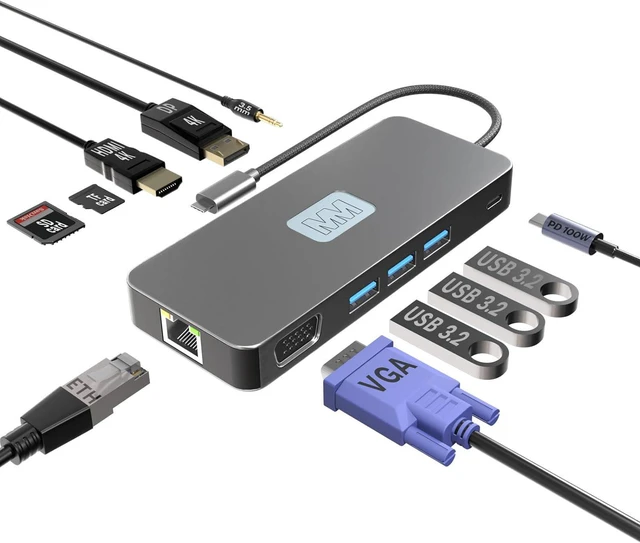 Main image of MMOBIEL USB-C Hub to 3X USB 3.2, SD/TF Card Reader, 1000Mbps ETH, HDMI/DisplayPort 4K@60Hz, VGA, 3.5mm Audio Output, 100W PD 11-in-1 USB Hub - Triple Display Multiport for Laptop etc.