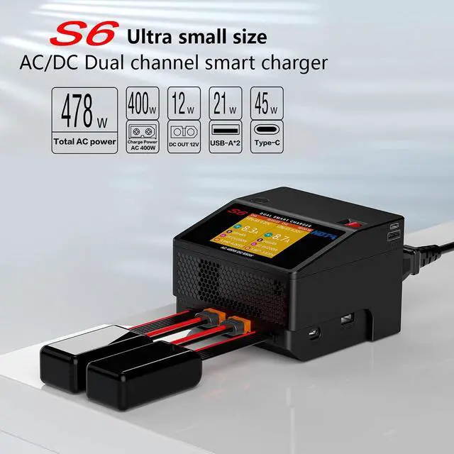 Alt view image 2 of 7 - S6 Battery Charger: Dual Ports Smart Balance Charger for FPV RC Hobby Lipo Battery Li-ion LiHv Nicd NiMH Batttery Support AC/DC Input