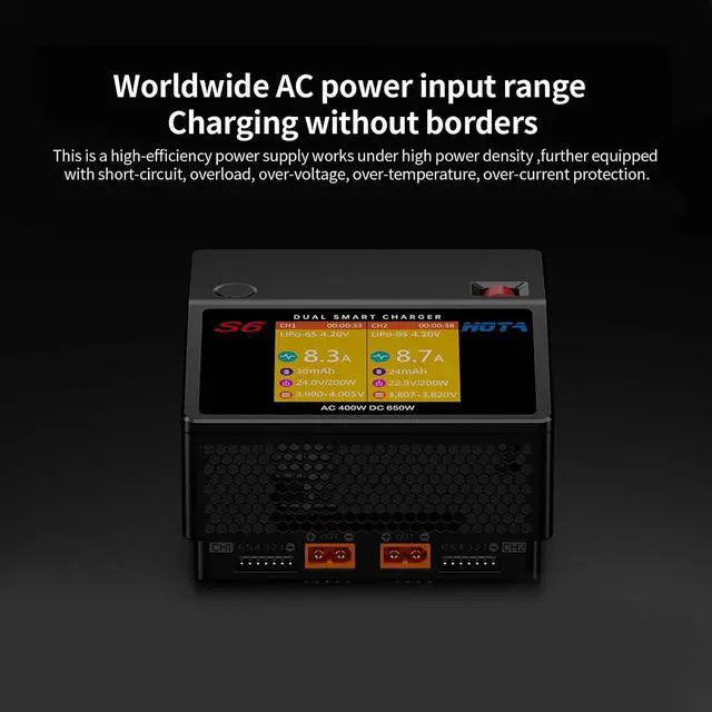 Alt view image 5 of 7 - S6 Battery Charger: Dual Ports Smart Balance Charger for FPV RC Hobby Lipo Battery Li-ion LiHv Nicd NiMH Batttery Support AC/DC Input
