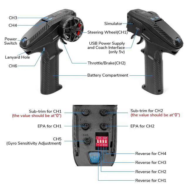 Alt view image 4 of 7 - DUMBORC X6PM-350 6CH Mini RC Radio Transmitter with X6FG Gyro Receiver and 2pcs X6F Receiver Low Voltage Alarm & Fail-Safe Function Mixed Mode for RC Vehicle Car Boat Tank Model Parts Portable Remote