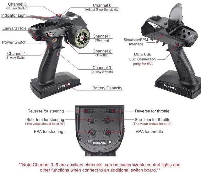 Alt view image 6 of 7 - DUMBORC X6 2.4GHz 6CH RC Radio Transmitter and Receiver X6FG(Built-in Gyro)&Alloy Steering Wheel, with Fail-Safe & Low Voltage Alarm Function for Rc Vehicle Car Boat Tank Model Parts Remote Controlle