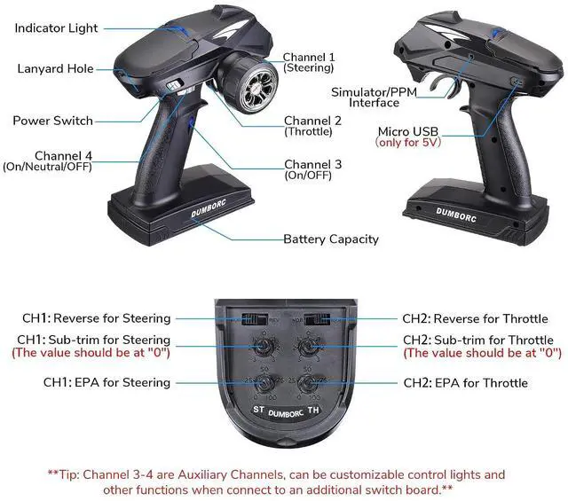 Alt view image 7 of 7 - DUMBORC X4 2.4GHz 4-Channel RC Radio Transmitter and X6F Receiver&Alloy Steering Wheel with Fail-Safe & Low Voltage Alarm Function Mixed Mode for Rc Vehicle Car Boat Tank Model Parts Remote Controller