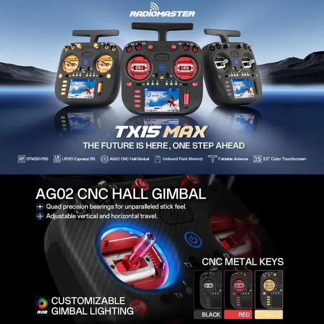 Alt view image 3 of 7 - TX15 Max Radio Controller 16 Channel ELRS Transmitter, with AG02 CNC Hall Gimbals/3.5" IPS Touchscreen, Fits FPV Drones/Multirotors/RC Helicopter/Car Boats, Mode 2 (Mode 2 Red)