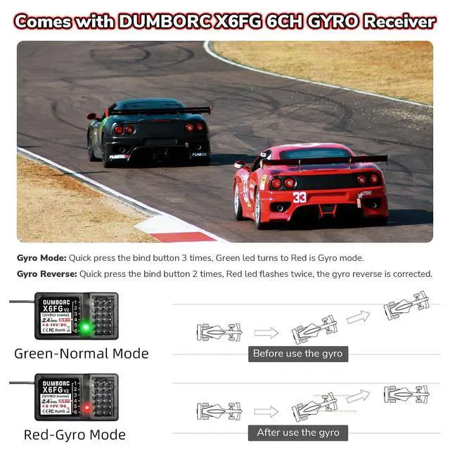 Alt view image 5 of 7 - DUMBORC X6PM-350 2.4GHz 6CH Mini RC Radio Transmitter with X6FG Gyro Receiver with Low Voltage Alarm & Fail-Safe Function Mixed Mode for RC Vehicle Car Boat Tank Model Parts Portable Remote Controller