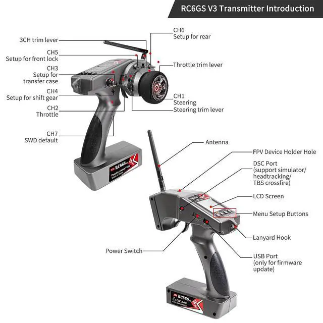 Alt view image 7 of 7 - Radiolink RC6GS V3 7 Channels RC Radio Transmitter with R7FG & R6FG Gyro 2Pcs Receivers 2.4GHz 600m for Remote Control Car, Truck, Buggy, Racing Vehicle, Crawler, RC Boat