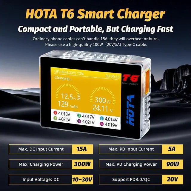 Alt view image 3 of 7 - T6 RC 1S 2S 3S 4S 5S 6S Lipo Battery Charger, RC Smart Battery Charger with 300W XT60/PD Dual Input, 15A Compact RC Car Charger Support PD3.0 and QC Fast Charging Protocols with Muti-Language