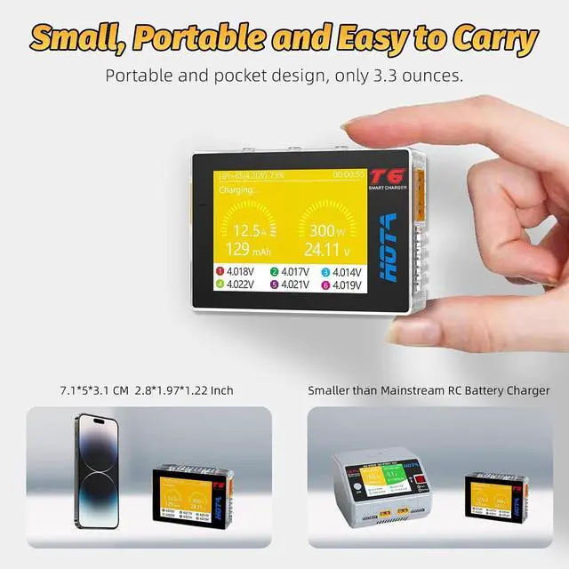 Alt view image 4 of 7 - T6 RC 1S 2S 3S 4S 5S 6S Lipo Battery Charger, RC Smart Battery Charger with 300W XT60/PD Dual Input, 15A Compact RC Car Charger Support PD3.0 and QC Fast Charging Protocols with Muti-Language