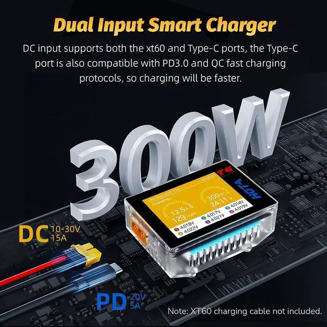 Alt view image 5 of 7 - T6 RC 1S 2S 3S 4S 5S 6S Lipo Battery Charger, RC Smart Battery Charger with 300W XT60/PD Dual Input, 15A Compact RC Car Charger Support PD3.0 and QC Fast Charging Protocols with Muti-Language