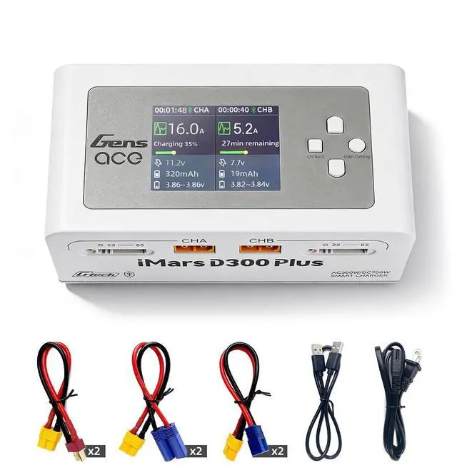 Main image of Gens Ace iMARS D300 Plus Lipo Battery Charger Dual Lipo Charger 16A AC 300W DC 700W Bluetooth App Controlled Smart Fast Balance Charger for RC 1S~6S Lipo/LiHV/Life/Li-Ion/NiMH Batteries (White)