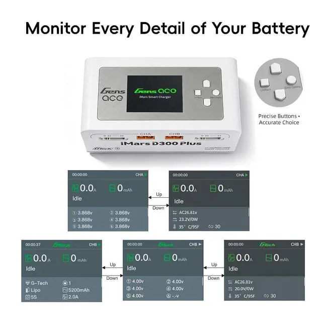 Alt view image 4 of 7 - Gens Ace iMARS D300 Plus Lipo Battery Charger Dual Lipo Charger 16A AC 300W DC 700W Bluetooth App Controlled Smart Fast Balance Charger for RC 1S~6S Lipo/LiHV/Life/Li-Ion/NiMH Batteries (White)