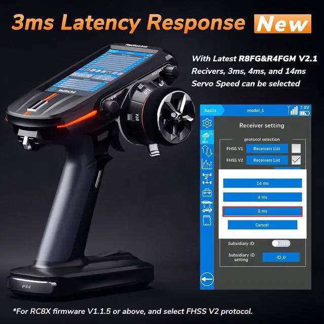 Alt view image 4 of 7 - Radiolink RC8X 8CH 2.4G RC Transmitter and R8FG&R4FGM V2.2 Gyro Receivers, 4.3" Full Color IPS Touch Screen RC Remote Controller, 600m Long Range, 200 Models for RC Crawler Drifting Cars Boats