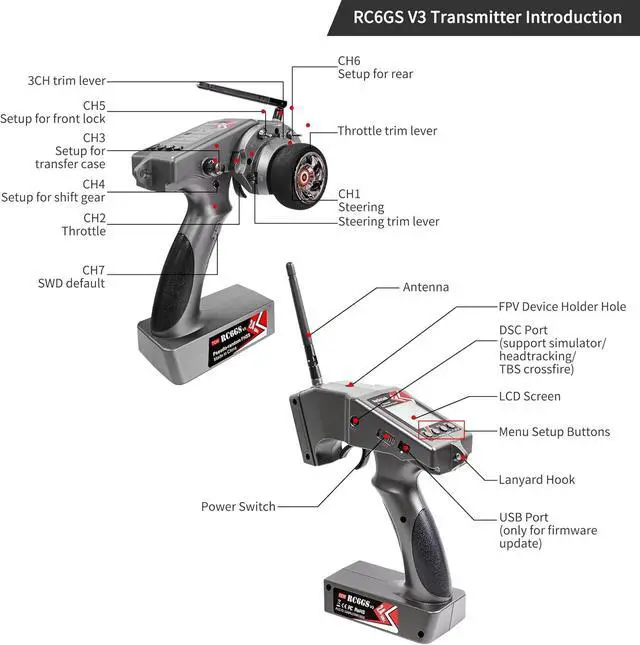 Alt view image 7 of 7 - Radiolink RC6GS V3 7 Channels RC Transmitter and R7FG Gyro Receiver, 2.4GHz 600m RC Remote, Voltage Telemetry RC Controller and Receiver kit for Remote Control Car, Boats, Truck, Buggy, Crawler
