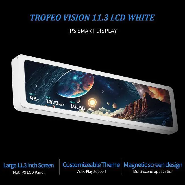 Alt view image 2 of 7 - Trofeo Vision 11.3 LCD White, 11.3-inch Full-Color LCD Magnetic Display Screen, 1920x400 Resolution, Easy to Install,Master CPU/GPU Temperature(White)