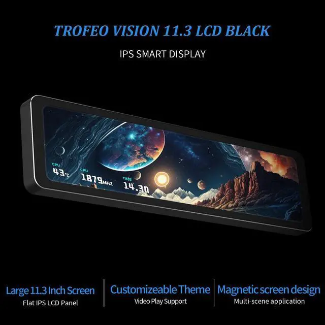 Alt view image 2 of 7 - Trofeo Vision 11.3 LCD Black, 11.3-inch Full-Color LCD Magnetic Display Screen, 1920x400 Resolution, Easy to Install,Master CPU/GPU Temperature(Black)