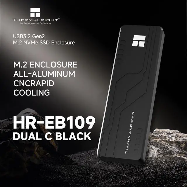 Alt view image 2 of 7 - HR-EB109 Dual-Slot Black M.2 Enclosure Supports NVMe/SATA SSDs. Aluminum Body, 10Gbps Type-C, 8TB Capacity. Works with Android, Windows, Mac. Portable M2 SSD Solution.