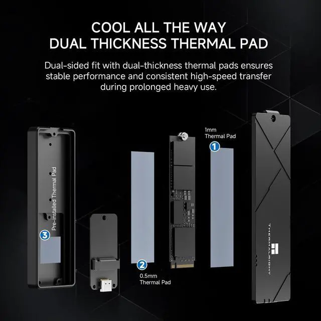 Alt view image 6 of 7 - HR-EB109 Dual-Slot Black M.2 Enclosure Supports NVMe/SATA SSDs. Aluminum Body, 10Gbps Type-C, 8TB Capacity. Works with Android, Windows, Mac. Portable M2 SSD Solution.