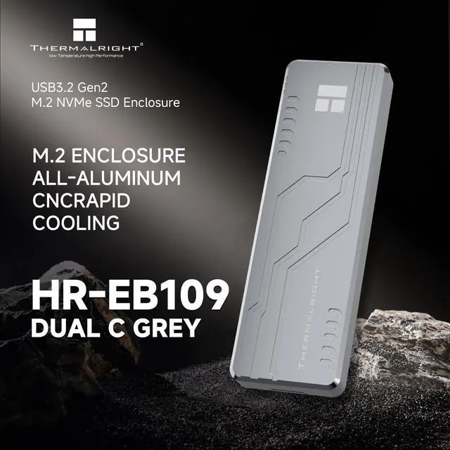 Alt view image 2 of 7 - HR-EB109 Dual-Slot Gray M.2 Enclosure Supports NVMe/SATA SSDs. Aluminum Body, 10Gbps Type-C, 8TB Capacity. Works with Android, Windows, Mac. Portable M2 SSD Solution.