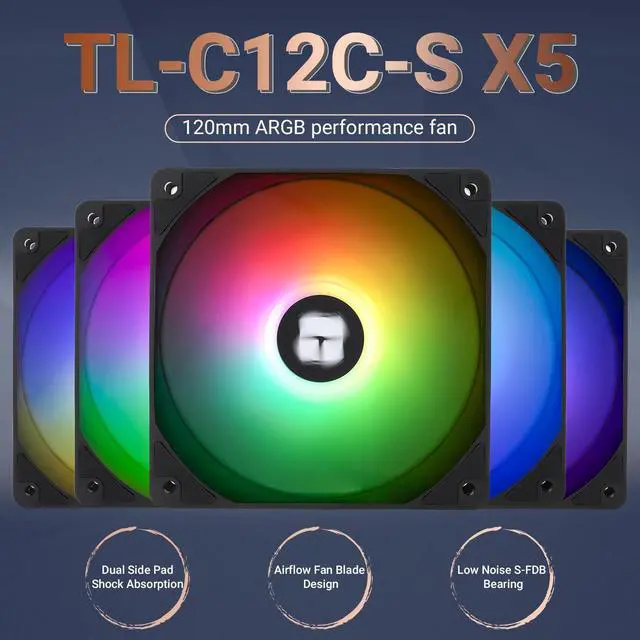 Alt view image 2 of 6 - 5 Pack TL-C12C-S CPU Fan 120mm ARGB Case Cooler Fan, 4pin PWM Silent Computer Fan with S-FDB Bearing Included, up to 1550RPM Cooling Fan5 Quantities