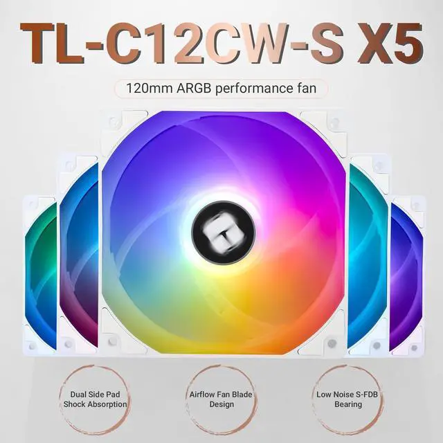 Alt view image 2 of 6 - 5 Pack TL-C12CW-S CPU Fan 120mm White ARGB Case Cooler Fan, 4pin PWM Silent Computer Fan with S-FDB Bearing Included, up to 1550RPM Cooling Fan5 Quantities