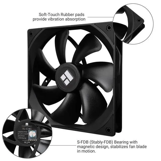 Alt view image 4 of 6 - TL-C14C CPU Cooling Fan 140mm, PWM Silent Computer Cooler With 1500RPM Speed, Black (TL-C14C)