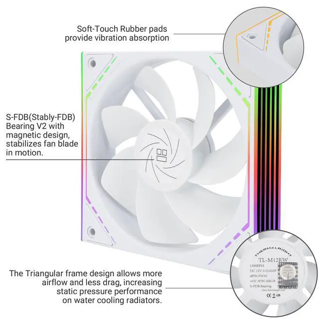 Alt view image 4 of 6 - TL-M12RW CPU Fan 120mm Case Cooler Fan ARGB, 4pin PWM Connector Silent Computer Fan with S-FDB Bearing,Desktop Cooling Fan has Side ARGB Mirror Light Effect, (TL-M12RW)