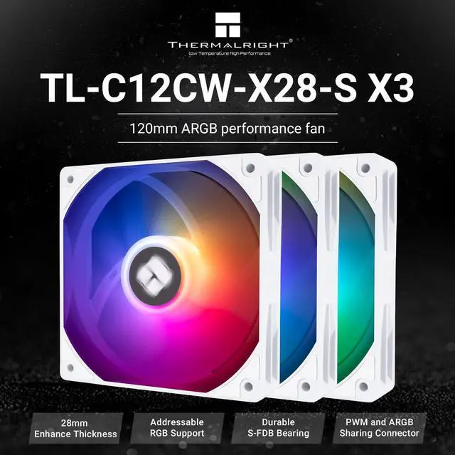 Alt view image 2 of 6 - TL-C12CW-X28-S X3 CPU PC Fan with 1550RPM Speed,120mm Computer Case Cooler Fan,PWM Control Fan for Case and Liquid Cooler & CPU Cooling,28mm Thickness