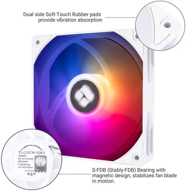 Alt view image 4 of 6 - TL-C12CW-X28-S X3 CPU PC Fan with 1550RPM Speed,120mm Computer Case Cooler Fan,PWM Control Fan for Case and Liquid Cooler & CPU Cooling,28mm Thickness