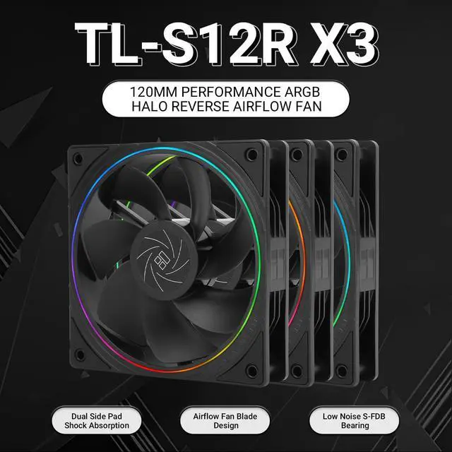 Alt view image 2 of 4 - TL-S12R X3 CPU Fan 120mm Reverse Fan Case Cooler Fan Comes with ARGB Lighting,CPU Cooling Fan with 1500RPM Speed,Black PC PWM Silent Computer Fan,Set of Fans