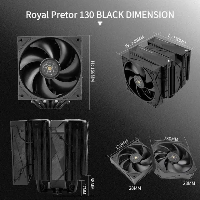 Alt view image 5 of 6 - Royal Pretor 130 Black CPU Cooler,158mm High, Dual Towers and Dual PWM Fans, 6 Heat Pipes Computer Radiator,PC Cooling for AM4/AM5,Intel LGA 1700/1851/1150/1151/1200/2011(RP130 Black)