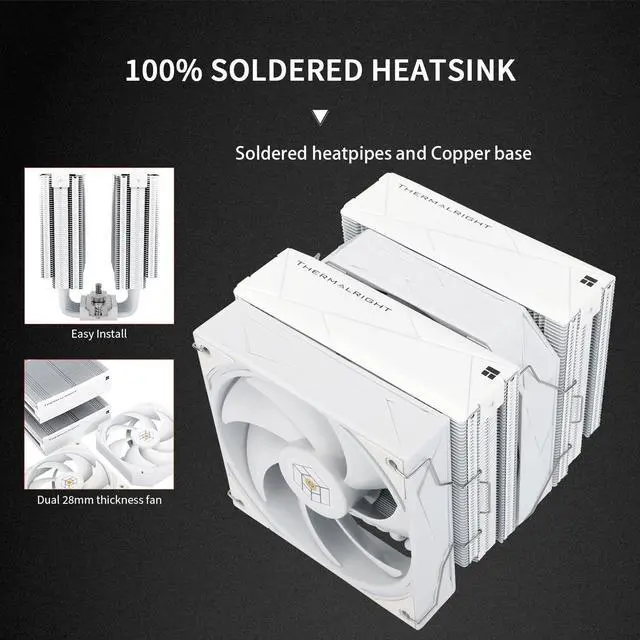 Alt view image 4 of 6 - Royal Pretor 130 White CPU Cooler, Heatsink CPU Cooling, TL-H12W-X28 and TL-HD13W-X28 Fan, Compatible with Intel LGA115X/1200/2011/1700/1851;AM4/AM5 Platforms,Desktop Tower Cooling