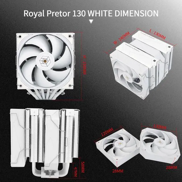Alt view image 6 of 6 - Royal Pretor 130 White CPU Cooler, Heatsink CPU Cooling, TL-H12W-X28 and TL-HD13W-X28 Fan, Compatible with Intel LGA115X/1200/2011/1700/1851;AM4/AM5 Platforms,Desktop Tower Cooling