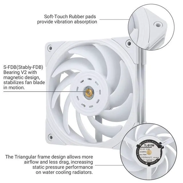 Alt view image 4 of 6 - TL-B12W 120mm CPU Cooler Fan, Computer Case Fan, PWM Control, 2150RPM, Static-Pressure Performance Fan for S-FDB Bearing(White)