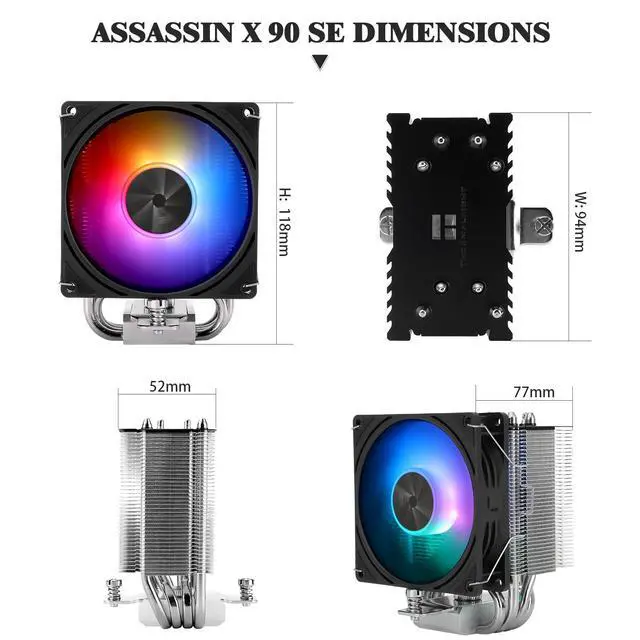 Alt view image 6 of 6 - Assassin X 90 SE ARGB CPU Air Cooler, AX90SE ARGB, 2200RPM Speed,4 Heat Pipes, 92mm PWM Quiet Fan CPU Cooler, 118mm High,for AMD AM4 AM5/Intel 1700/1150/1151/1200, CPU PC Cooling