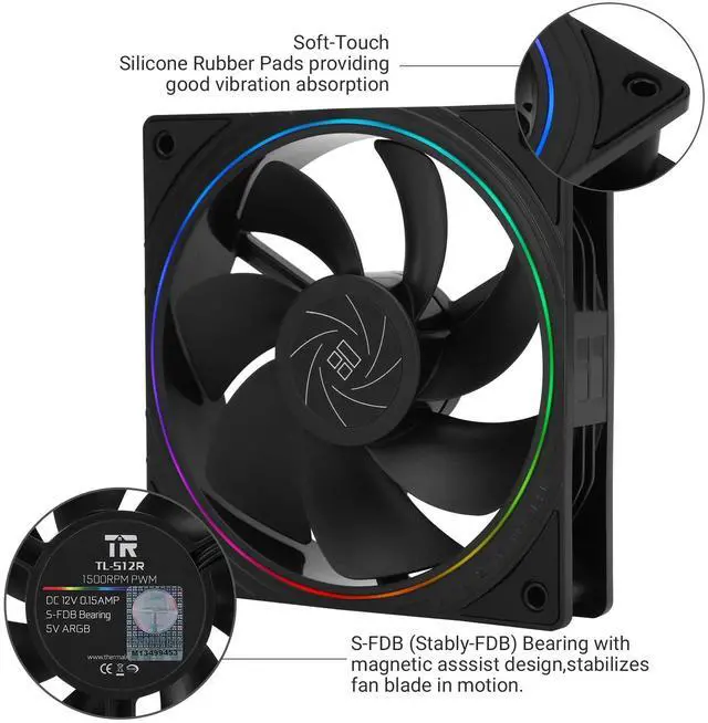 Alt view image 4 of 5 - TL-S12R CPU Cooling Fan 120mm With ARGB Lighting, 1500RPM Speed, Black PC PWM Silent Computer Case Cooler
