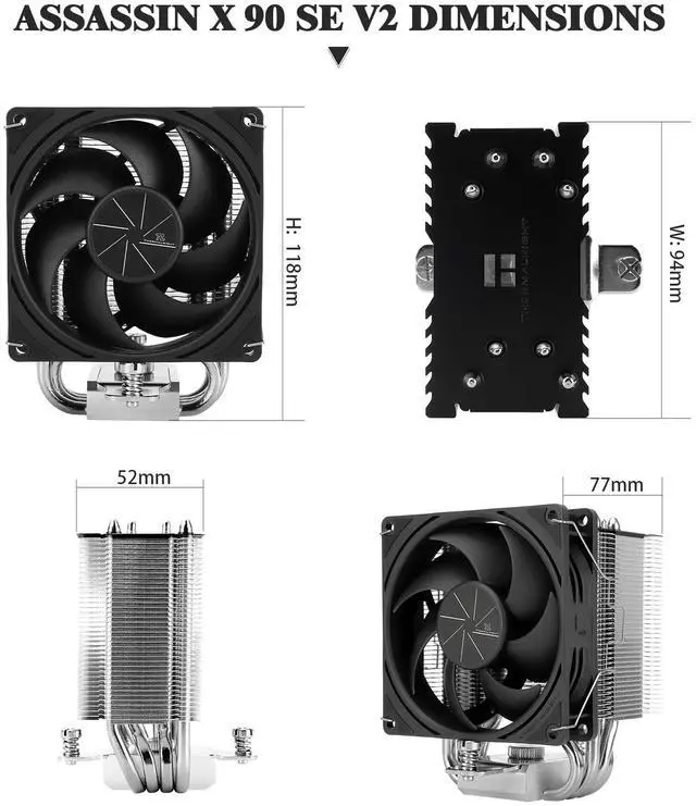 Alt view image 6 of 6 - Assassin X 90 SE V2 CPU Air Cooler, 2200RPM Speed,4 Heat Pipes, 92mm PWM Quiet Fan CPU Cooler, 118mm High,for AMD AM4 AM5/Intel 1700/1150/1151/1200, CPU PC Cooling